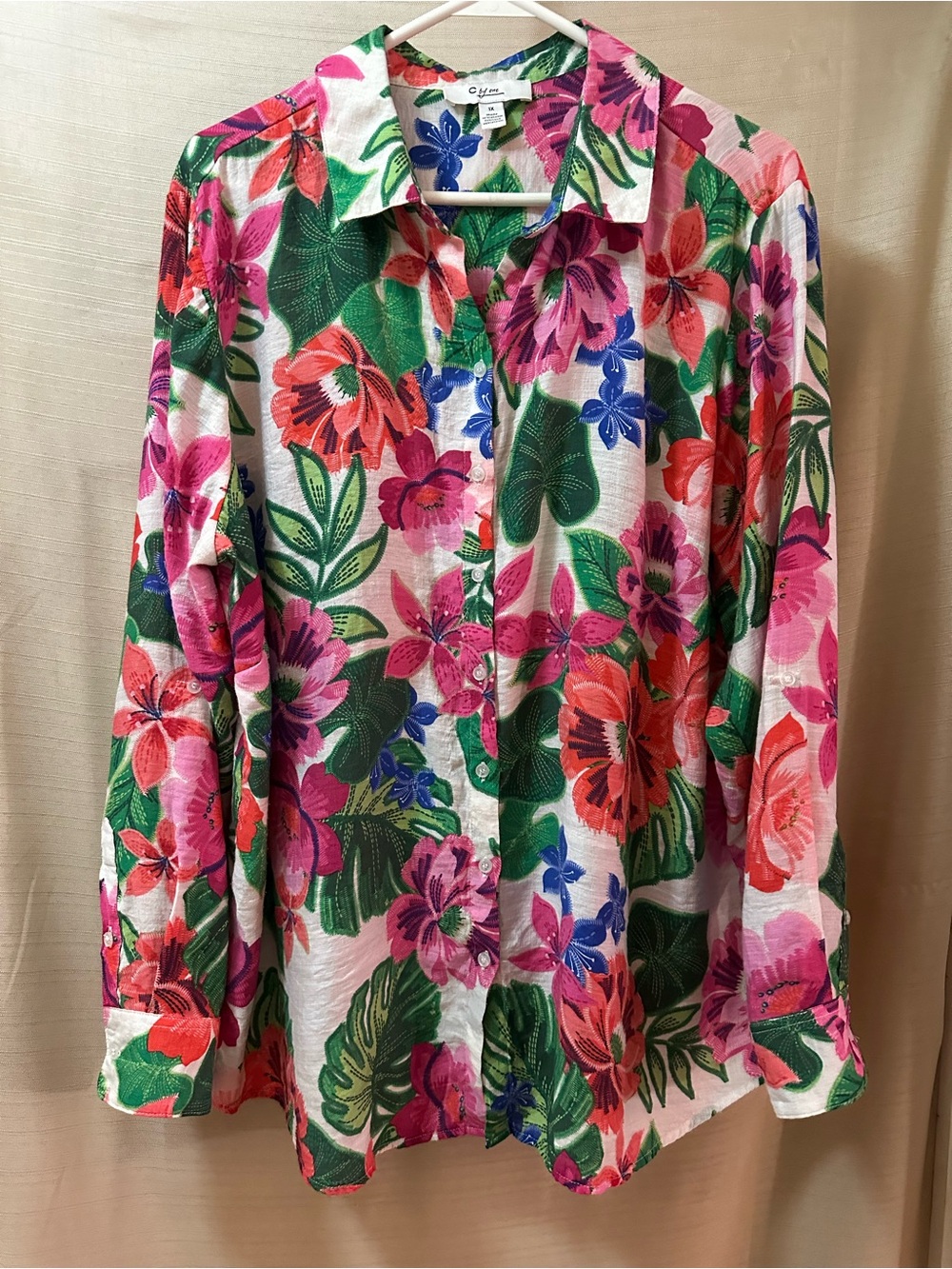 C By One Floral Button Down Shirt Women’s 1X Tropical Botanical Long Sleeve Top